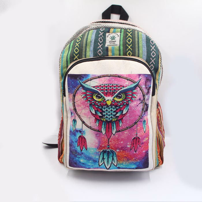 Colorful Owl Print Handmade Hemp Backpack
